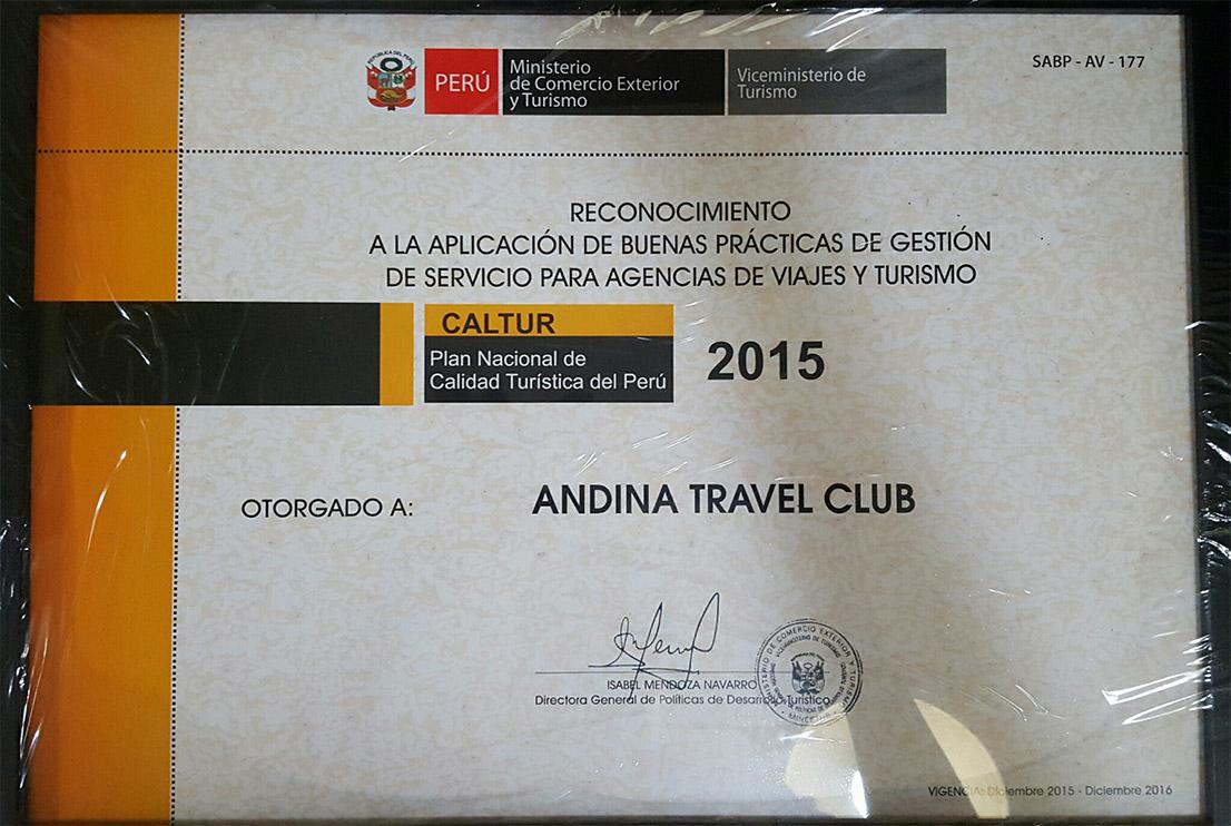 Certificado oficial Certificación de Calidad MINCETUR 2015