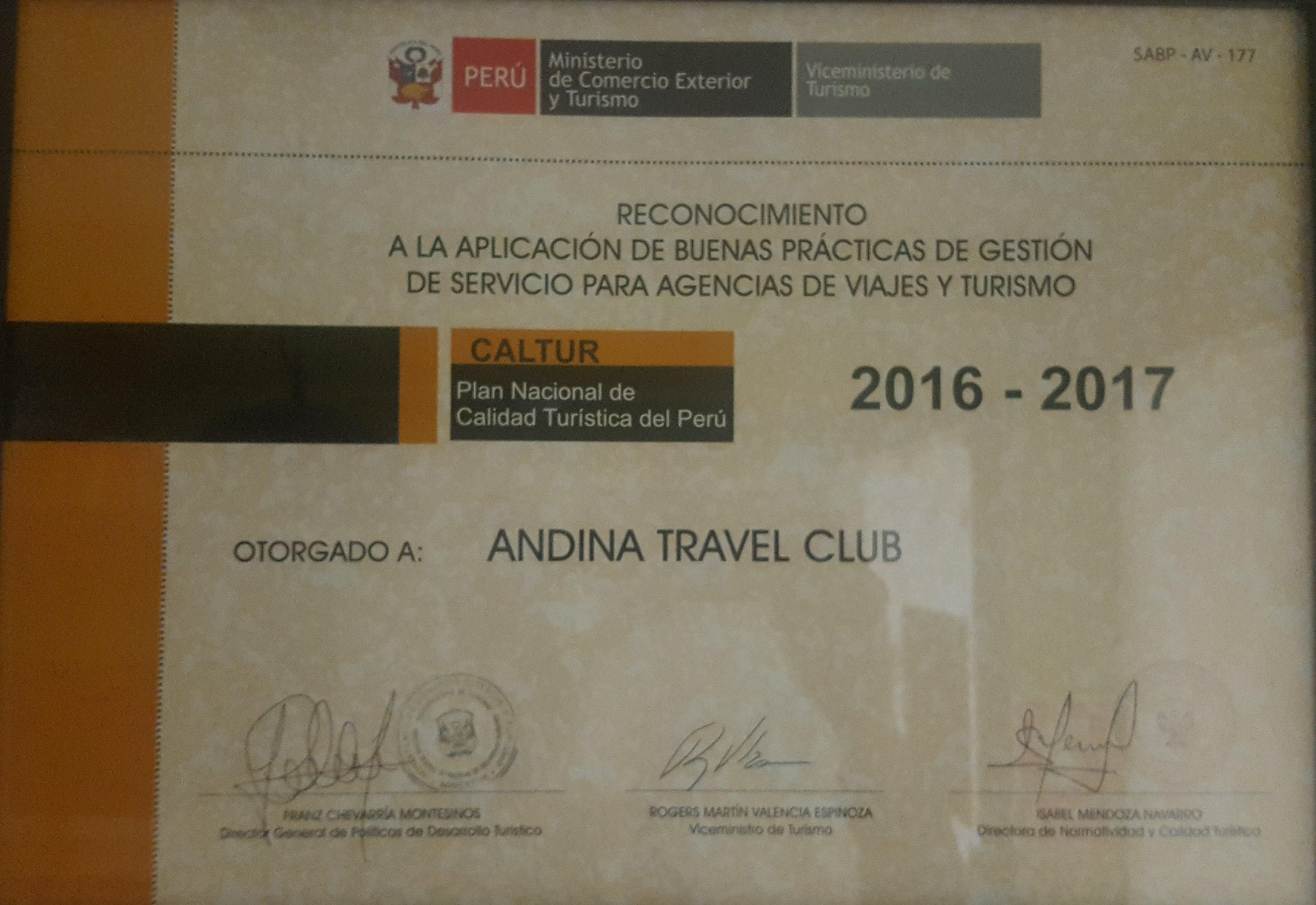 Certificado oficial Certificación de Calidad Mincetur 2016 - 2017